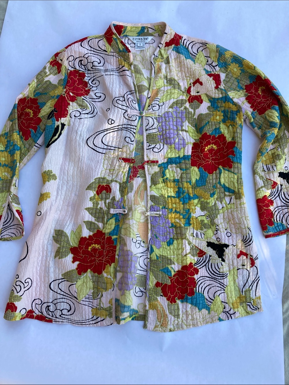 Citron silk Chinese shirt jacket koi fish chrysanthemum print S
